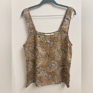Cynthia Rowley 100% Linen Brown Floral Square-Neck Sleeveless Tan Top Women’s L